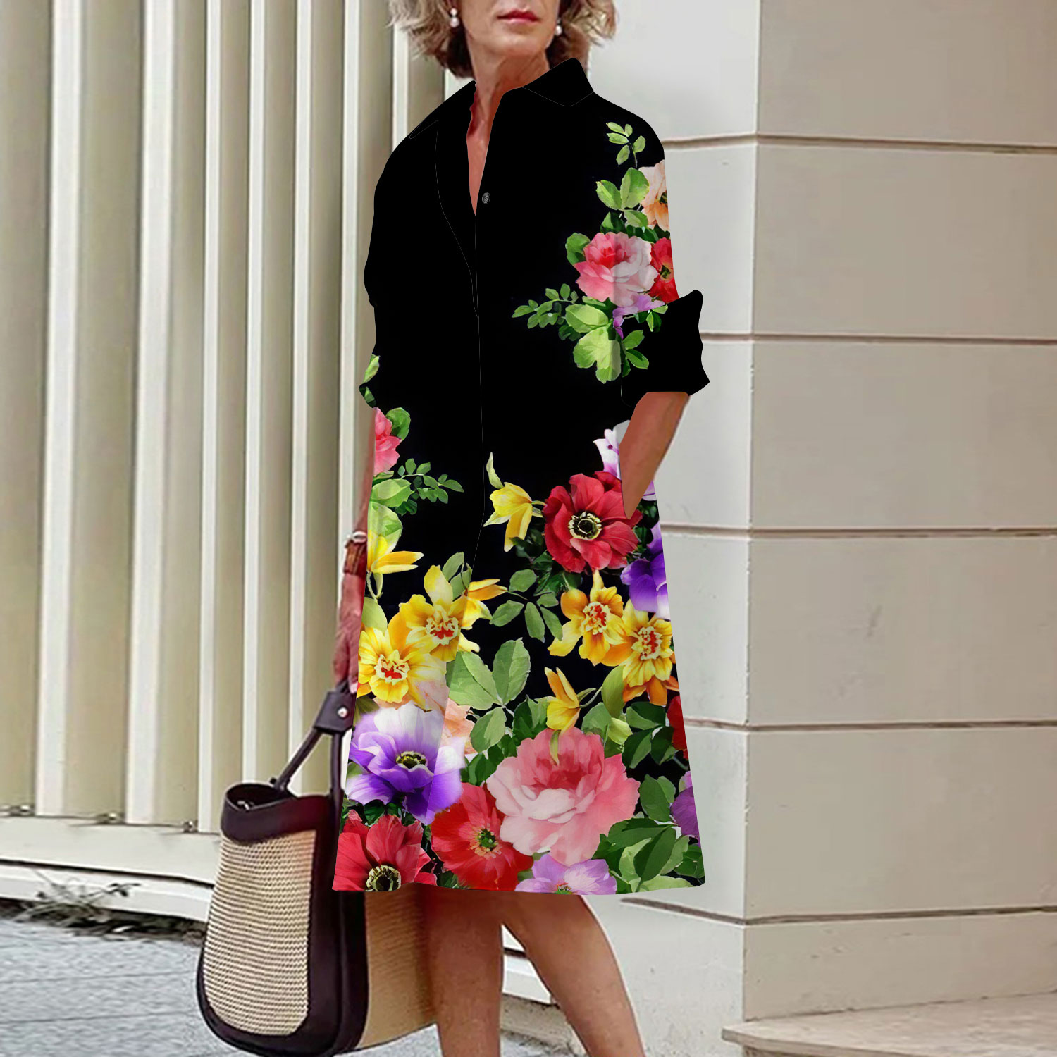 Floral Pattern Shirt Dress Ele - Midi Skirt Floral recension och pris