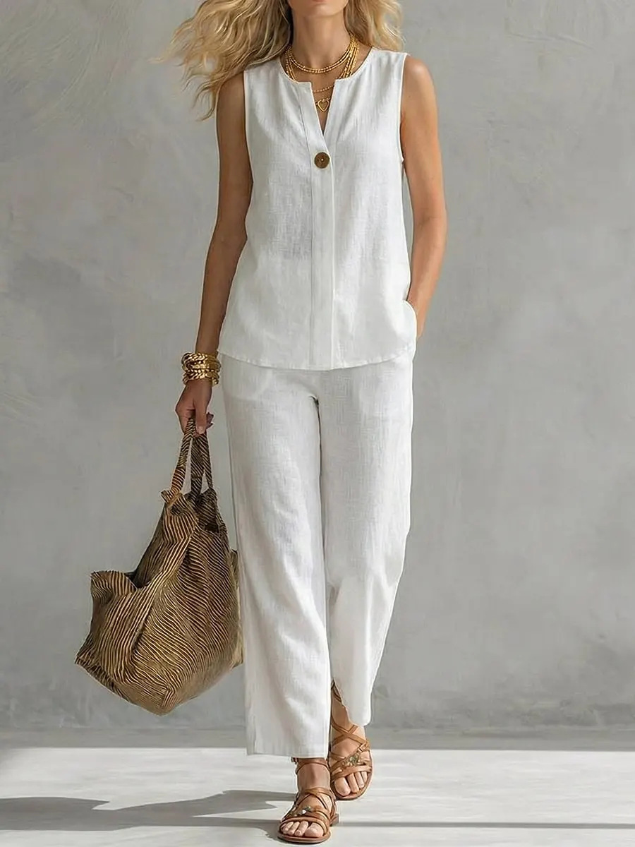 Single Button Sleeveless Linen - Linen Pant Wide recension och pris