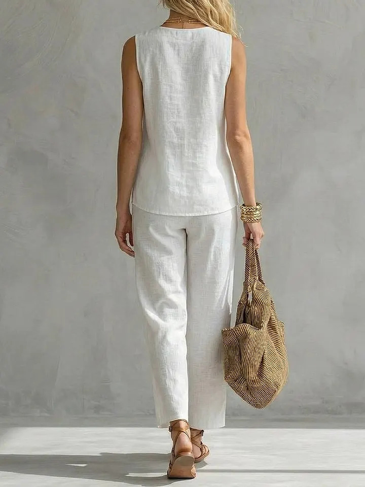 Single Button Sleeveless Linen - Linen Pant Wide recension och pris