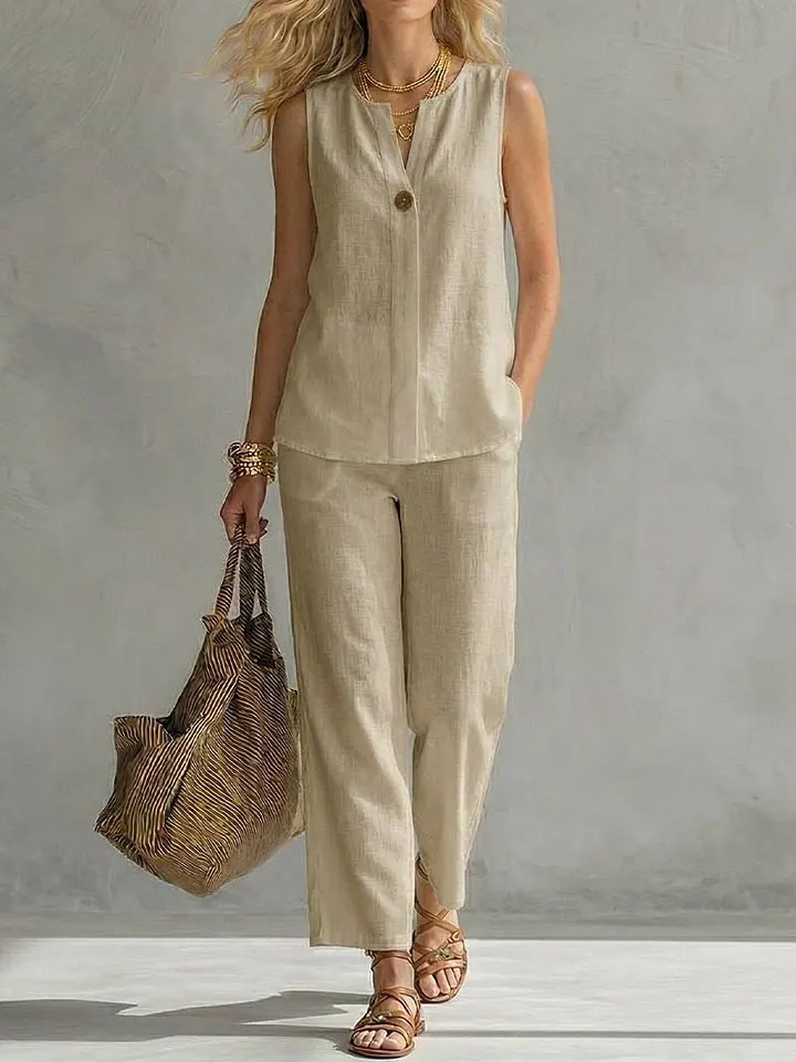 Single Button Sleeveless Linen - Linen Pant Wide recension och pris