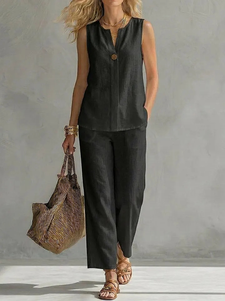 Single Button Sleeveless Linen - Linen Pant Wide recension och pris